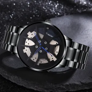Detail of racing wheel rim dial design with blue brake calipers on men's steel watch