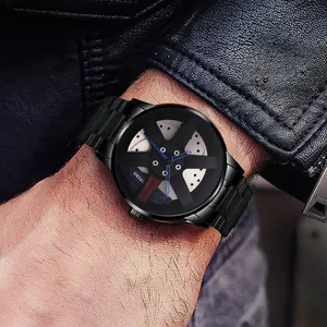 Herrenuhr im Rennfelgen-Design mit schwarzem Metallarmband und blauem Drei-Zeiger-Zifferblatt