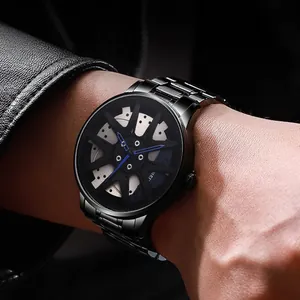 Racing wheel hub watch for men with black stainless steel band and blue hands