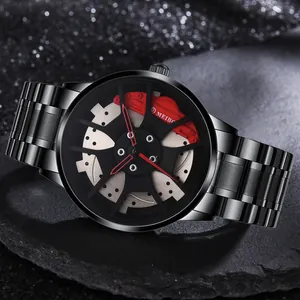 Men Car Wheel Rim Hub Design Quartz Watch Alloy Band Brake Disc Caliper Dial Sporty Racing Wristwatch Casual Fashion Male Jewelry