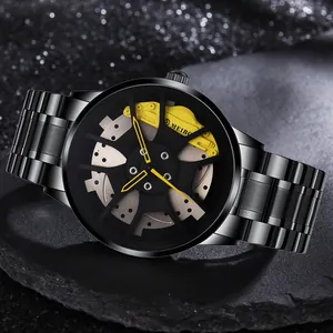 Detailed close-up of a black racing-style watch featuring a yellow brake caliper design