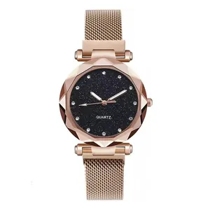 Elegante rotgoldene Damenquarzuhr mit sternenklarem schwarzem Zifferblatt und Magnetband
