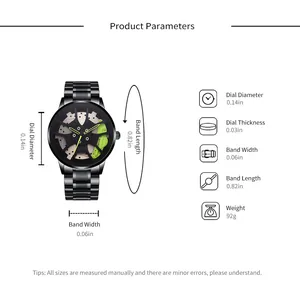 Detailed specs of men's watch with wheel hub dial and black stainless steel strap