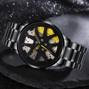 Men's Sports Quartz Watch Racing Wheel Hub Hollow Dial Stainless Steel Strap Fashion Industrial Design Wristwatch Jewelry