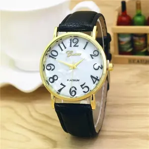 Minimalist quartz watch for women with golden case, white dial and black leather strap