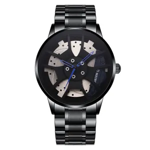 Close-up of black racing car wheel rim design watch dial with blue luminous hands