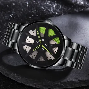 Men's black stainless steel sports watch with a 3D car wheel hub dial and green calipers