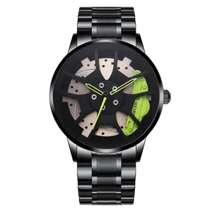 Men's car-inspired watch with hollow hub wheel dial and green caliper on black steel band