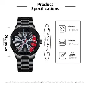 Montre homme en acier avec cadran de 43mm style jante de voiture et étrier rouge