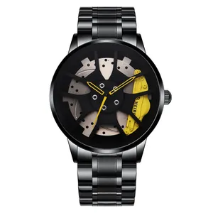 Racing style men's watch with black metal strap and 3D wheel hub design on dial