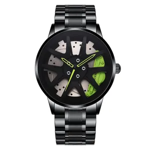 Men's sport watch with black steel strap and green 3D car wheel rim hub dial design