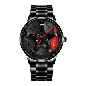Montre de sport pour homme avec design de jante de voiture 3D noire et étrier de frein rouge