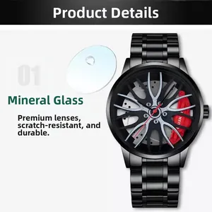 Détail du verre minéral résistant aux rayures sur la montre noire à design de jante