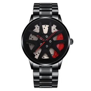 Fashionable men's watch featuring a black sports car wheel hub dial and steel strap