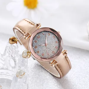 Women's watch with champagne gold leather strap and glittering silver Arabic numeral dial