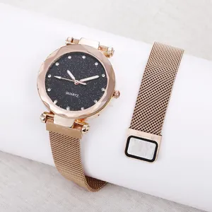Damen-Quarzuhr mit roségoldenem Magnetarmband und sternenklarem schwarzem Kristallzifferblatt