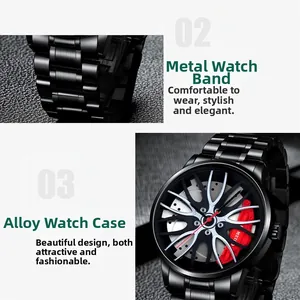Détail macro d'une montre homme avec cadran en forme de jante et étrier de frein rouge