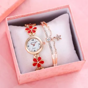 Elegante Orologio da Polso a Bracciale con Fiori per Donna in Oro Rosa Lega al Quarzo con Strass e Bracciale Stellato Gioielli
