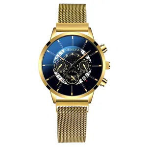 Montre en maille acier dorée avec cadran bleu foncé et mouvement quartz de luxe