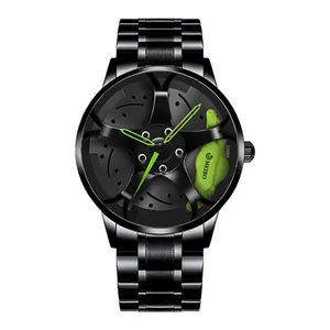 Gros plan détaillé du cadran moyeu de roue de course avec étrier vert et bracelet en métal noir