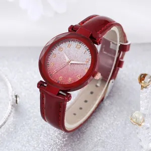 Women's watch with red leather strap, pink gradient dial and gold numerals