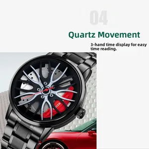 Détail de montre à quartz avec cadran en forme de jante et étrier de frein rouge