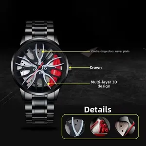 Détail du cadran de montre 3D en forme de jante avec étriers rouges et acier noir