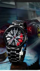Détail macro du cadran design jante 3D et étrier rouge sur la montre en acier noir