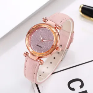 Women Fashion Quartz Watch With Starry Glitter Dial Rhinestone Markers Geometric Cut Case Rose Gold Alloy Synthetic Leather Strap Wristwatch