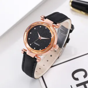 Elegant women's quartz watch with black starry dial and rose gold faceted glass casing