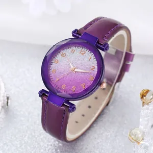 Close-up of women's purple leather watch with gradient glitter dial and faceted glass