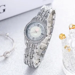 Luxury silver ladies watch with diamond-encrusted steel strap and Roman numeral dial