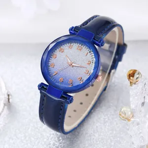 Detail of star-themed ladies watch with navy blue leather strap and starry sky dial