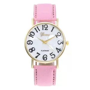 Pink leather strap watch with gold case and large Arabic numerals on shell dial