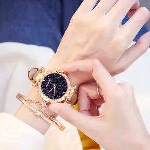 Starry sky dial women's watch with rose gold rhinestone bezel and bracelet set