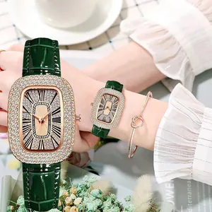 Green leather strap watch for women with rose gold rhinestone oval dial and bracelet