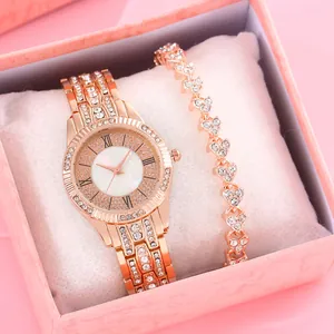 Luxury Rhinestone Quartz Watch And Heart Bracelet For Women Roman Numerals Alloy Analog Wristwatch With Jewelry Gift Box