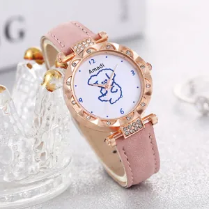 Women's Fashion Quartz Watch Bracelet Jewelry Set Cute Cartoon Dog Pattern Rhinestone Inlaid Faux Leather Strap Casual Wristwatch For Girls