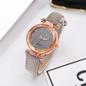 Elegant women's quartz watch with rose gold case, grey starry dial and rhinestone markers