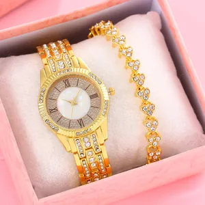 Luxury gold rhinestone watch and heart bracelet set in elegant pink gift box