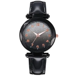 Women's quartz watch with black patent leather strap and silver glitter starry dial