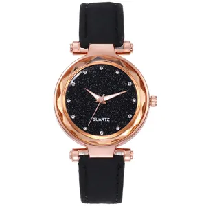 Elegant women's quartz watch with black starry dial and rose gold metal casing