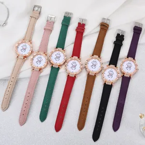 Women's quartz watch set with cartoon dog dial and rhinestone bezel in seven colors