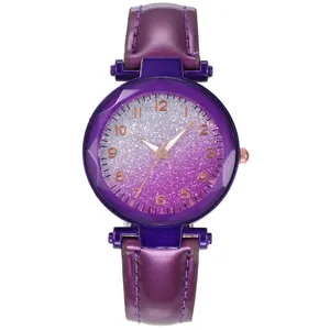 Elegant purple star dial quartz watch for women with glitter gradient and leather strap