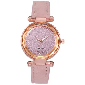 Stylish women's quartz watch with pink glitter dial and rose gold faceted bezel