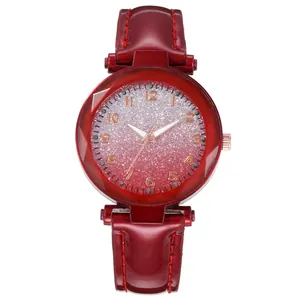 Deep red luminous ladies quartz watch with star gradient dial and leather strap