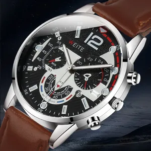 Close-up of business quartz watch with black textured dial and brown leather strap
