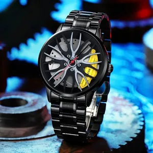 Montre homme design jante de voiture avec étrier jaune et bracelet en métal noir