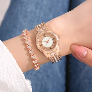 Luxury rose gold women's watch and heart bracelet set with crystal diamond embellishments