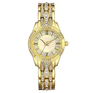 Luxury gold women's watch with shimmering crystal bezel and elegant roman numerals